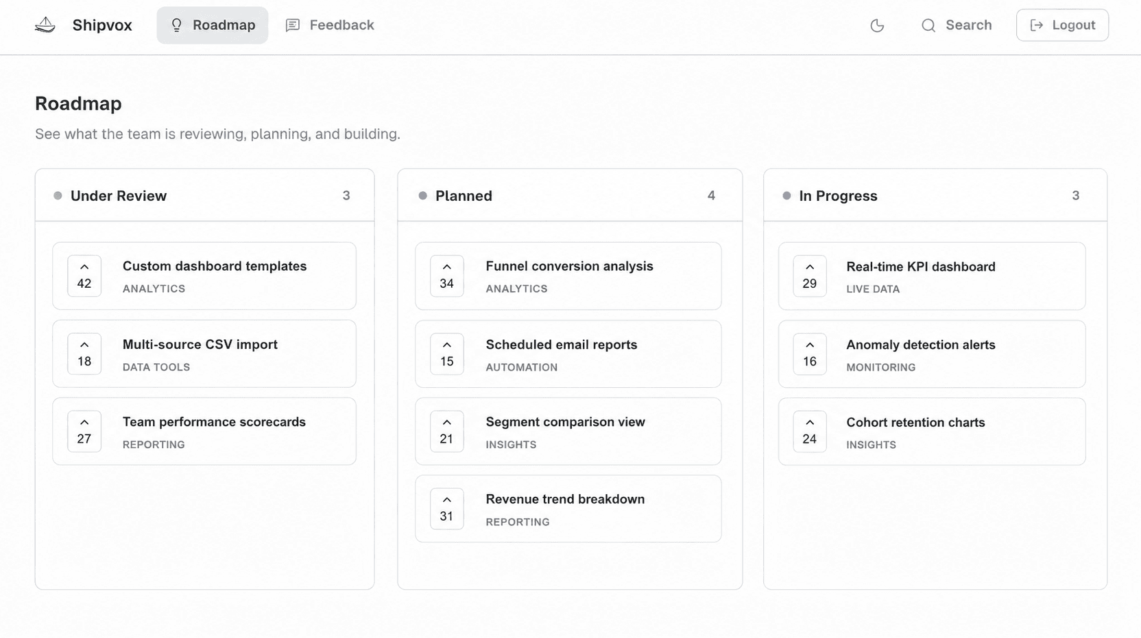 Shipvox product interface showing user feedback in a simple portal